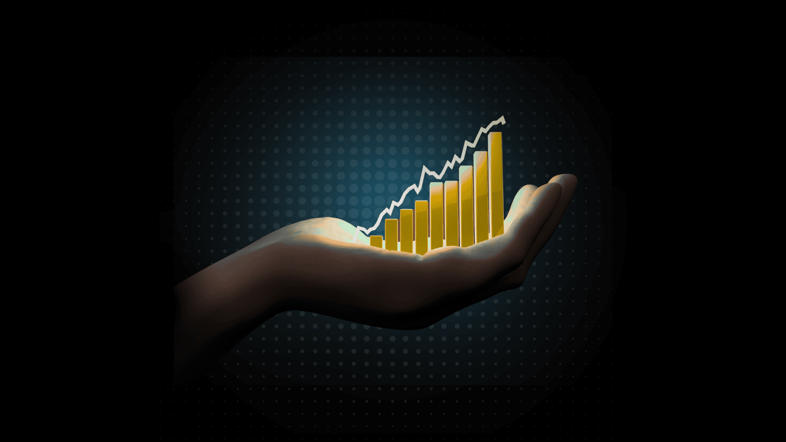 Mão segurando gráfico financeiro em crescimento